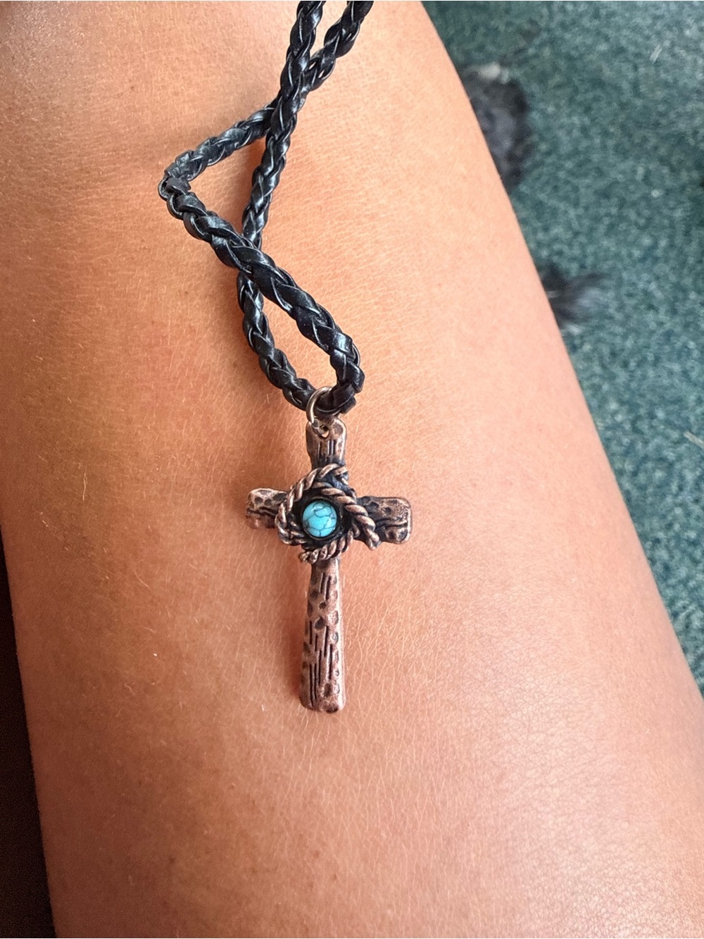 Turquoise Accent Cross Pendant Necklace - Black Cord